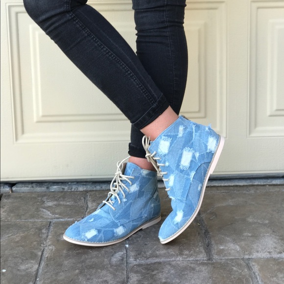 Denim Patchwork Distressed Combat Moto Boots - Picture 7 of 8