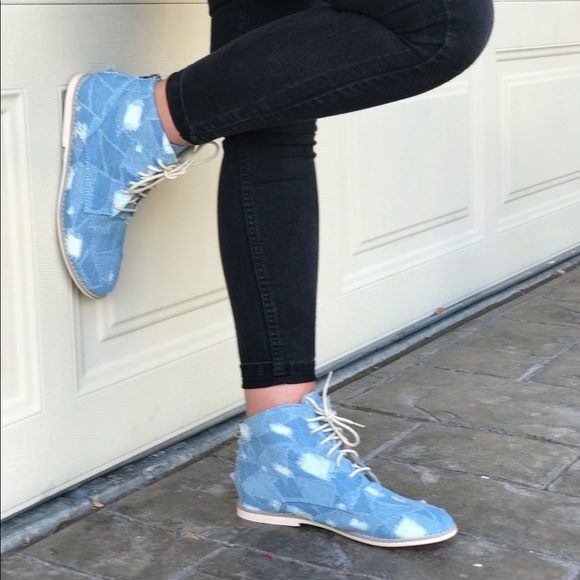 Denim Patchwork Distressed Combat Moto Boots - Picture 6 of 8