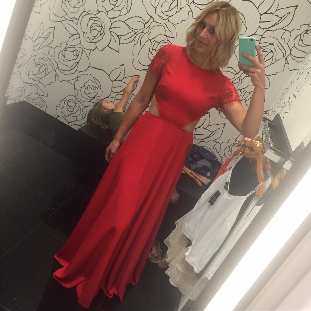 Red Bebe cut out open back gown