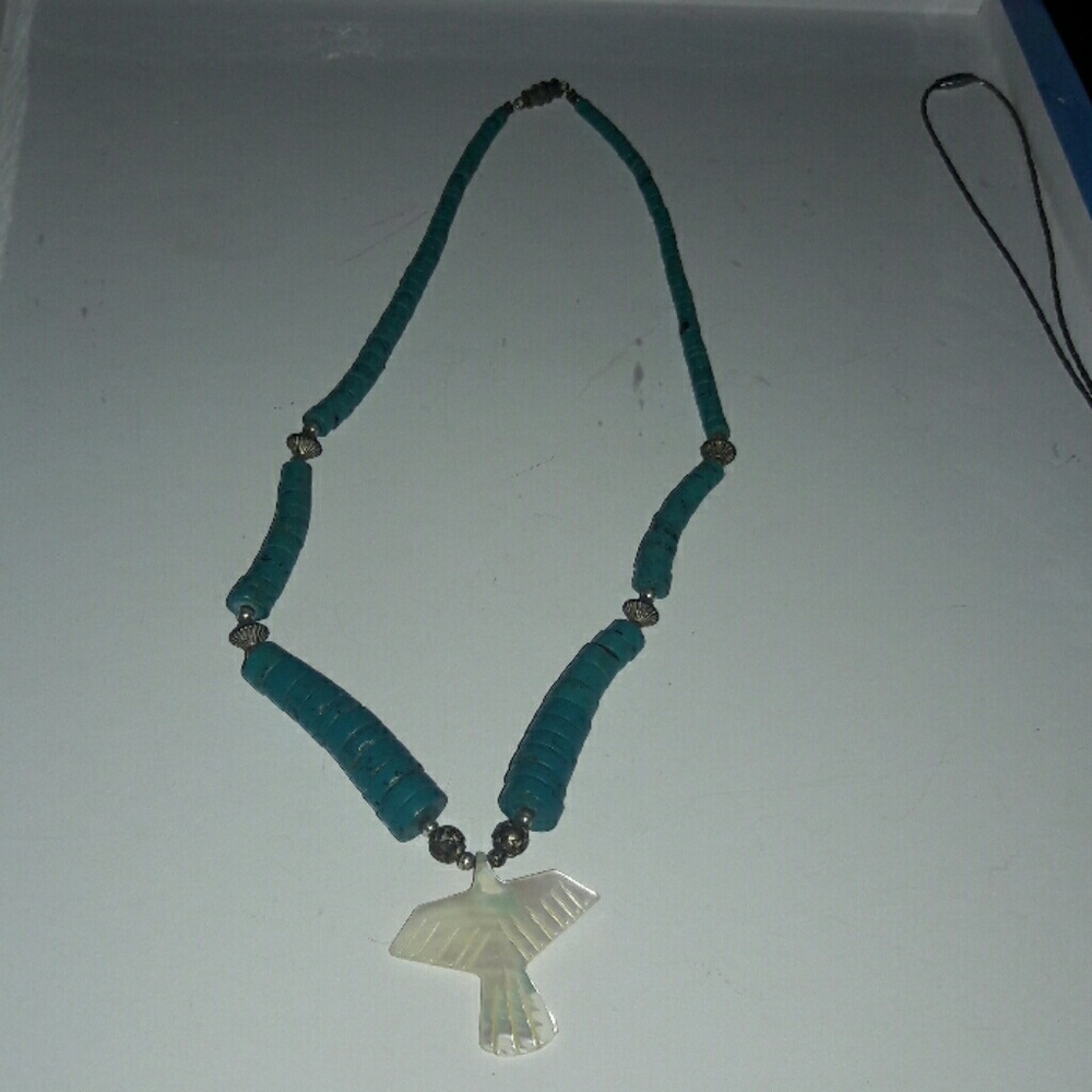 Handmade shell bird turquoise silver necklace 925
