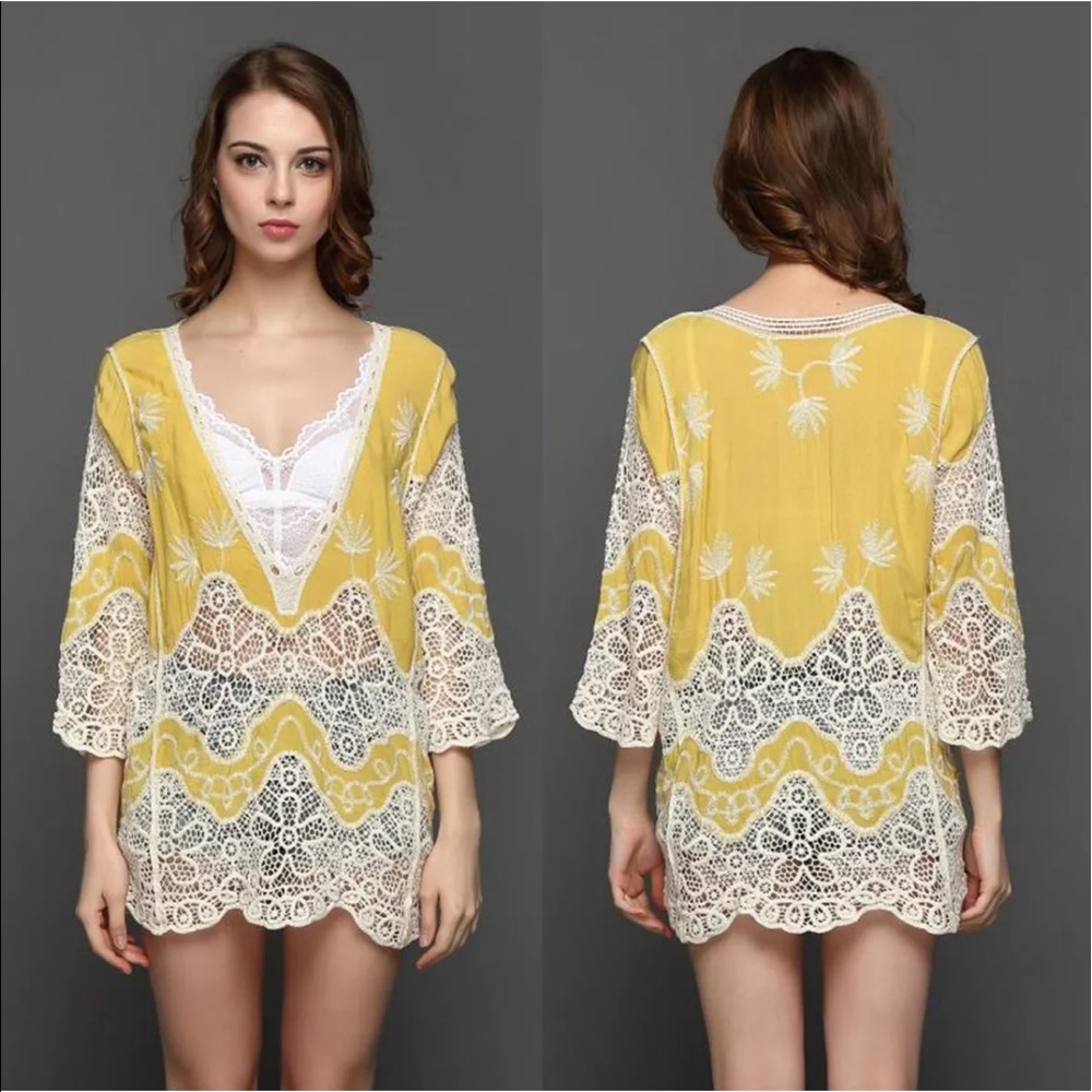 Sz S-M YELLOW BOHO Lace Kaftan - Picture 1 of 7
