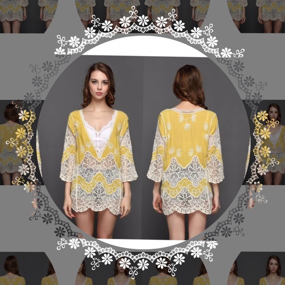 Sz S-M YELLOW BOHO Lace Kaftan - Picture 2 of 7