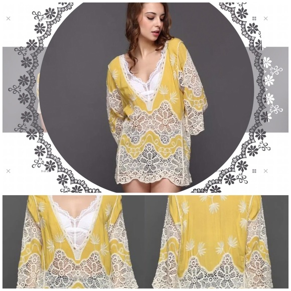 Sz S-M YELLOW BOHO Lace Kaftan - Picture 3 of 7