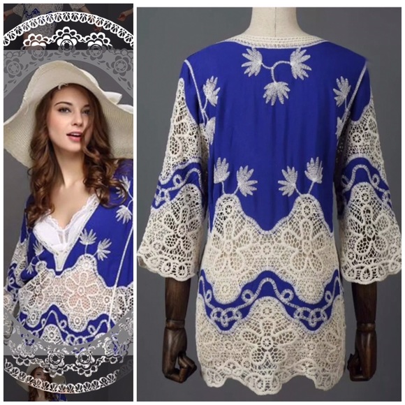 ✅ Sz S-M Blue BOHO Lace Kaftan - Picture 3 of 5