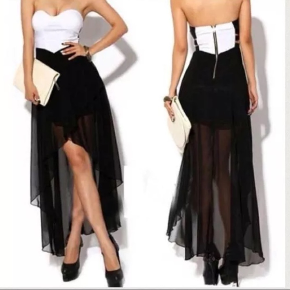 NEW XS white black strapless mesh hi low dress
