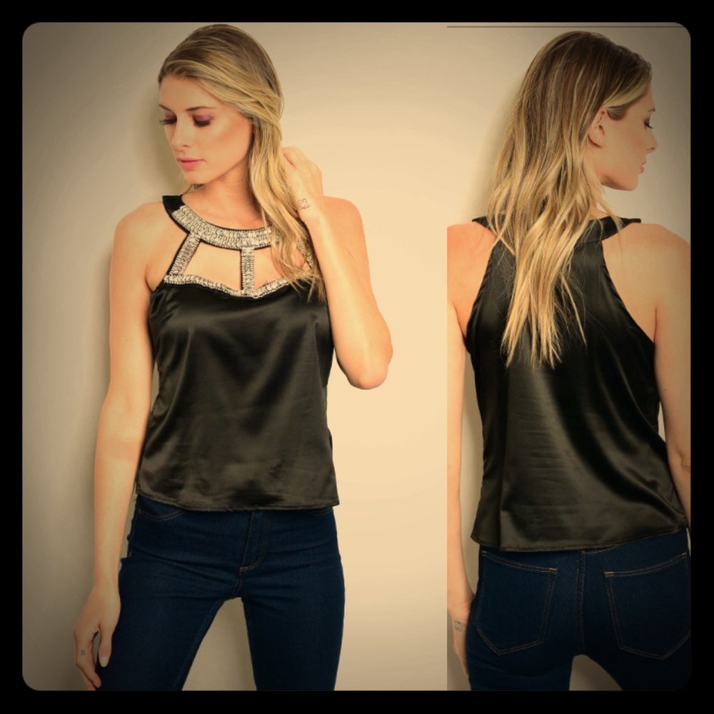 Sexy Black Top with rhinestone accents PRICE FIRM