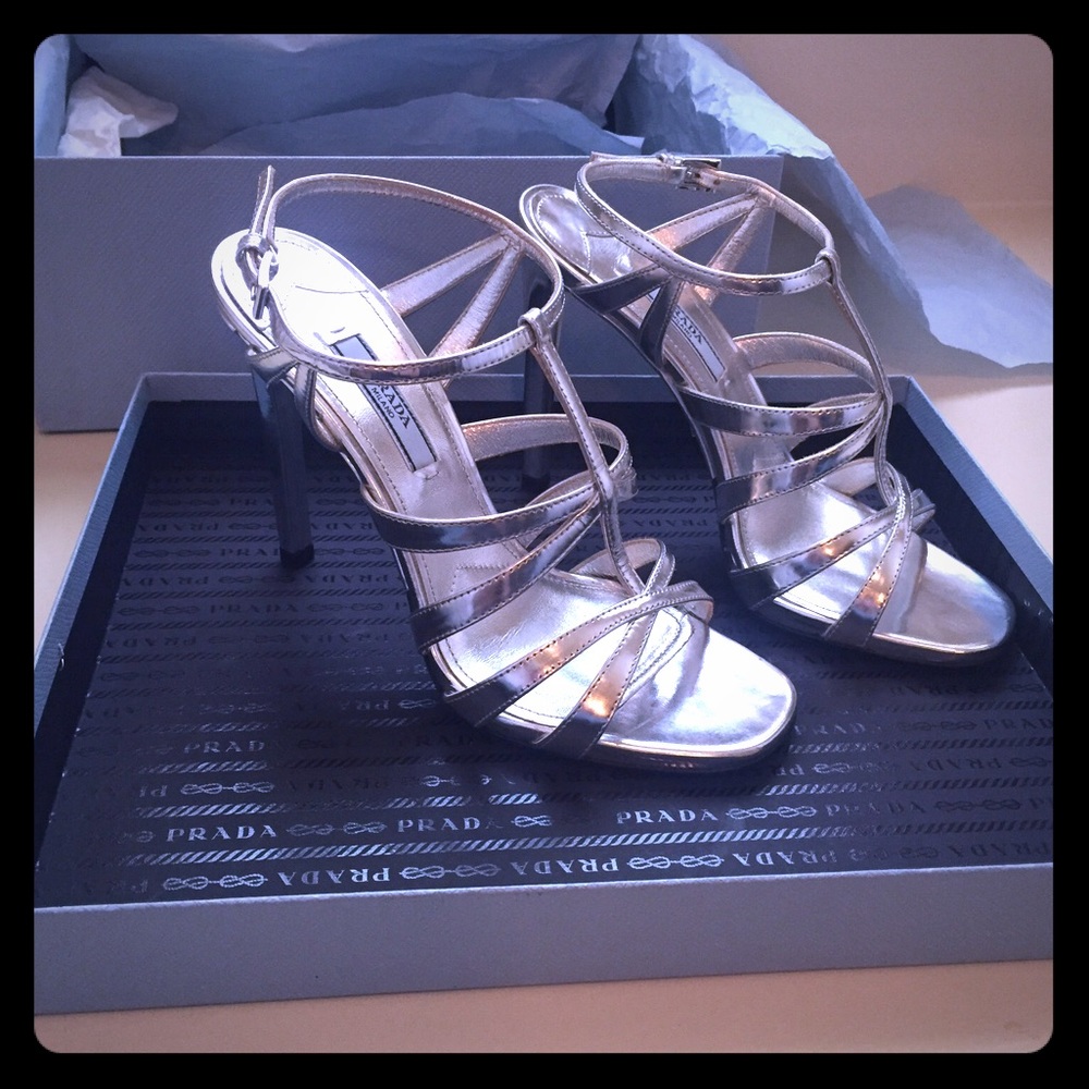 Prada strappy metallic silver high heeled sandals