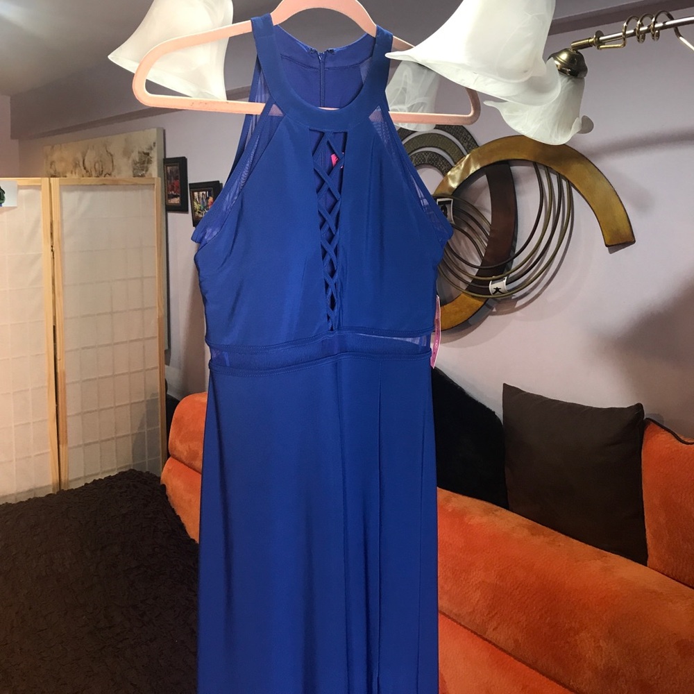 Morgan & Co Blue Mesh Lace Up Slit Maxi Dress