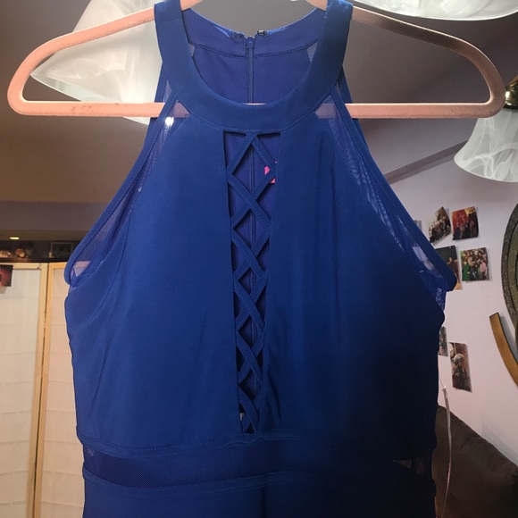 Morgan & Co Blue Mesh Lace Up Slit Maxi Dress - Picture 2 of 3