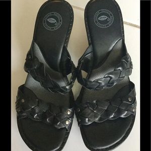 Nurture Black Leather Wedge Sandals
