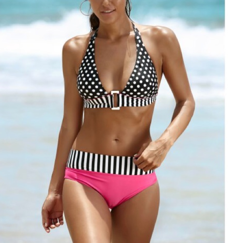 ✨HP! Pink & Black stripe-polka dot Halter bikini - Picture 1 of 8