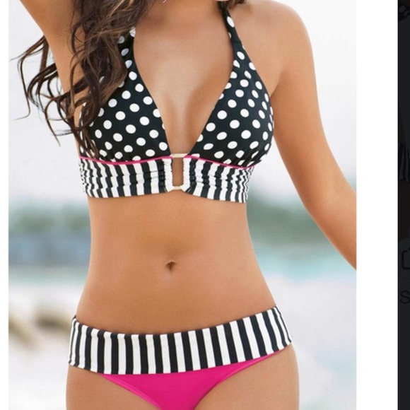 ✨HP! Pink & Black stripe-polka dot Halter bikini - Picture 2 of 8
