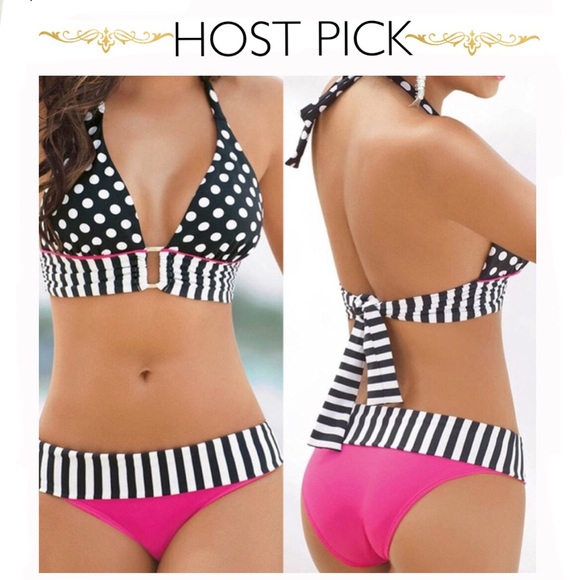 ✨HP! Pink & Black stripe-polka dot Halter bikini - Picture 5 of 8