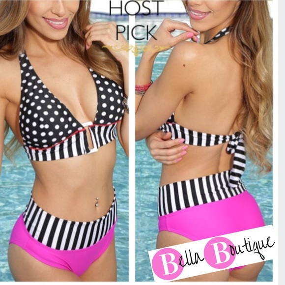 ✨HP! Pink & Black stripe-polka dot Halter bikini - Picture 3 of 8