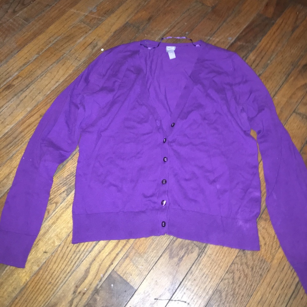 Purple cardigan. Size M but fits like a S