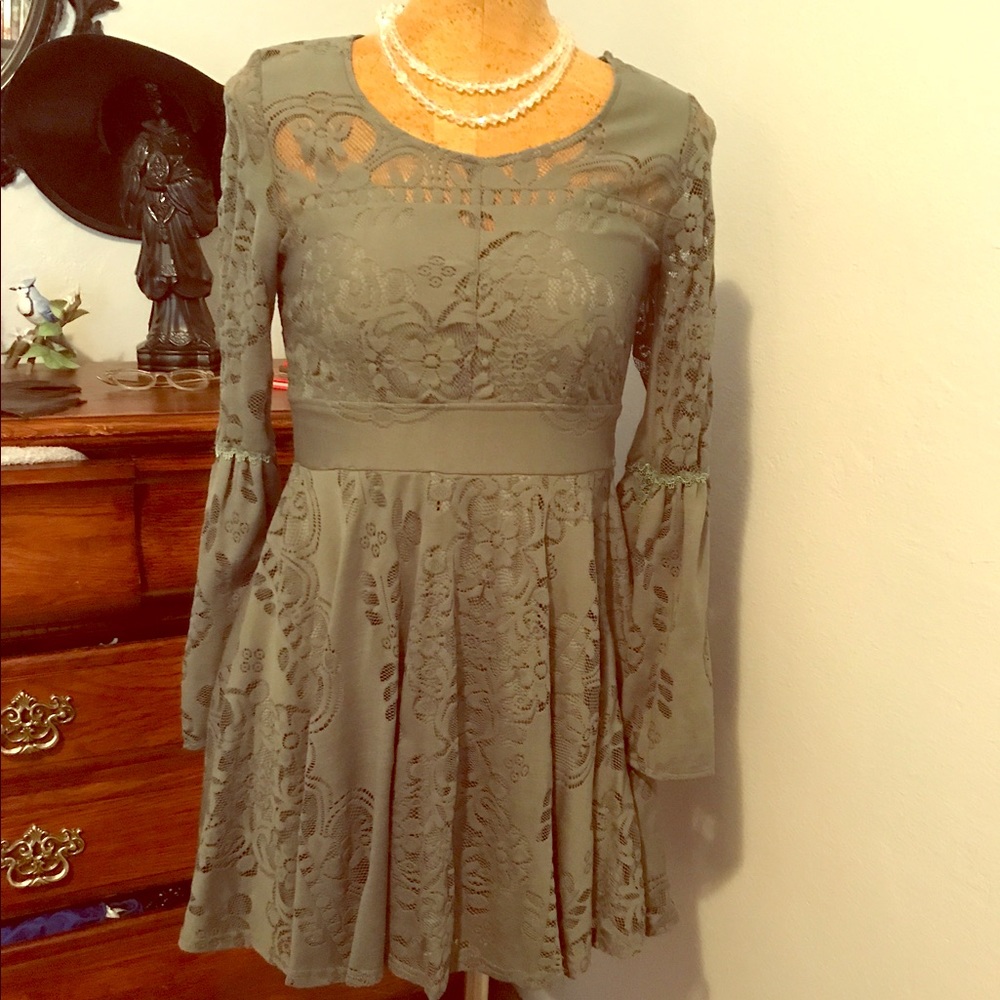 Sage green lace bell sleeved dress