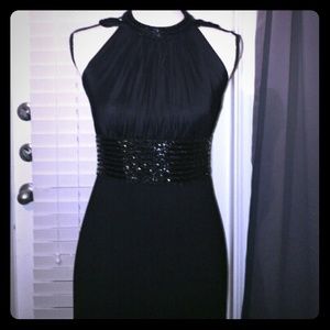 Carmen Marc Valvo Black Silk Beaded Evening Gown