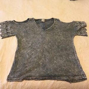 Grey acid wash cold shoulder top