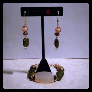 Olive gold and plush pink earring and bracelet set