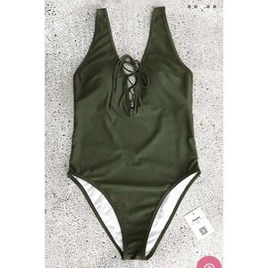 Army green lace-up one piece swimsuit