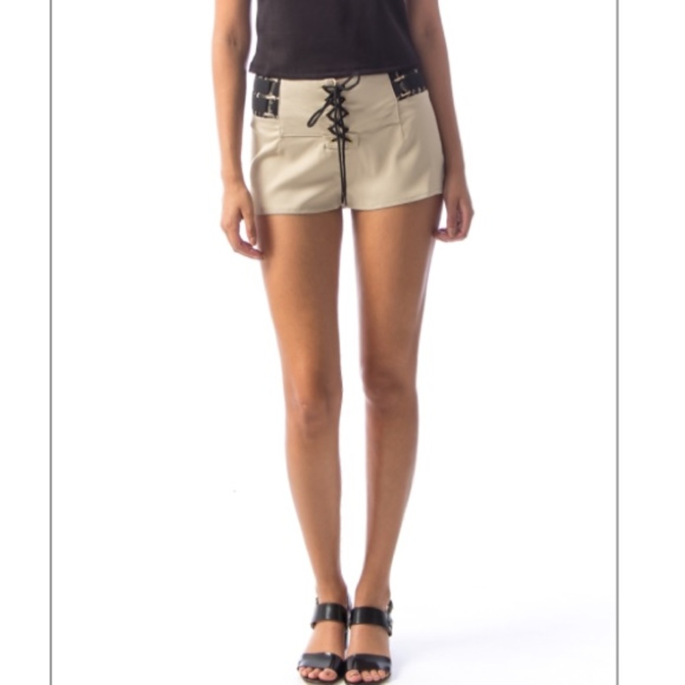 Lace Waist Beige Satin Shorts - Picture 3 of 5