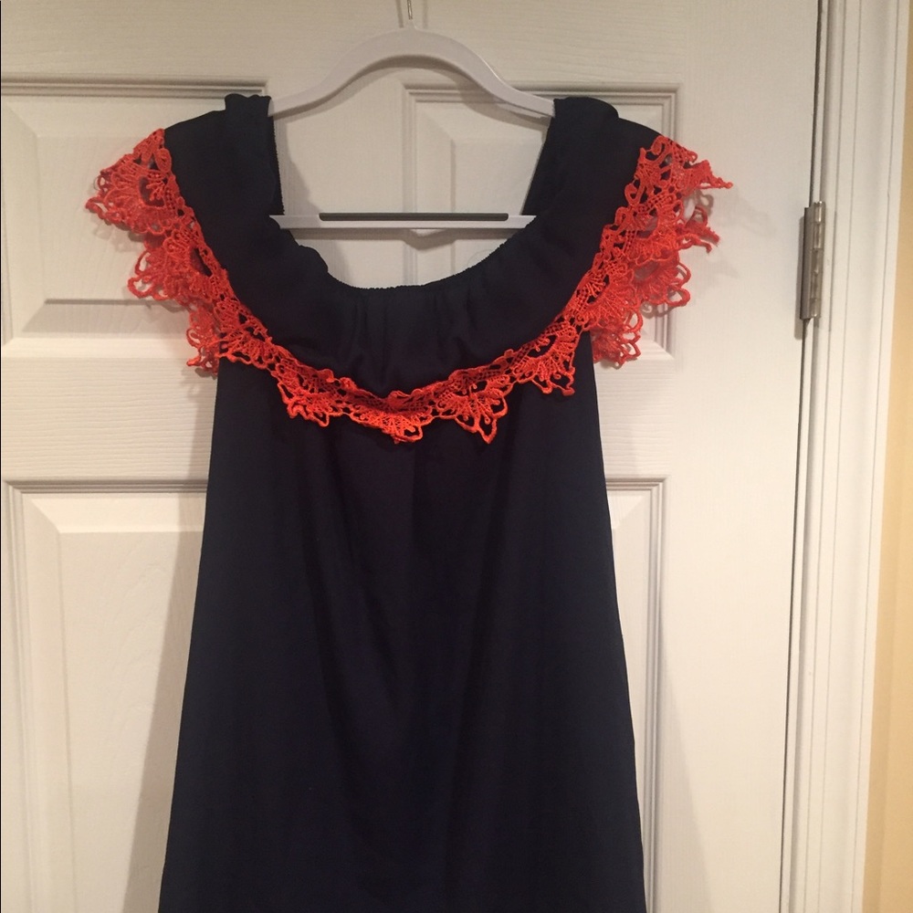 Preppy Navy Blue Orange Off Shoulder Lace Dress
