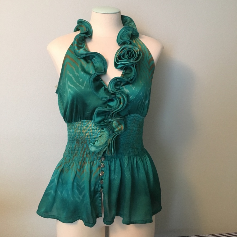 Animal Print Blouse w/ Rose and Ruffles