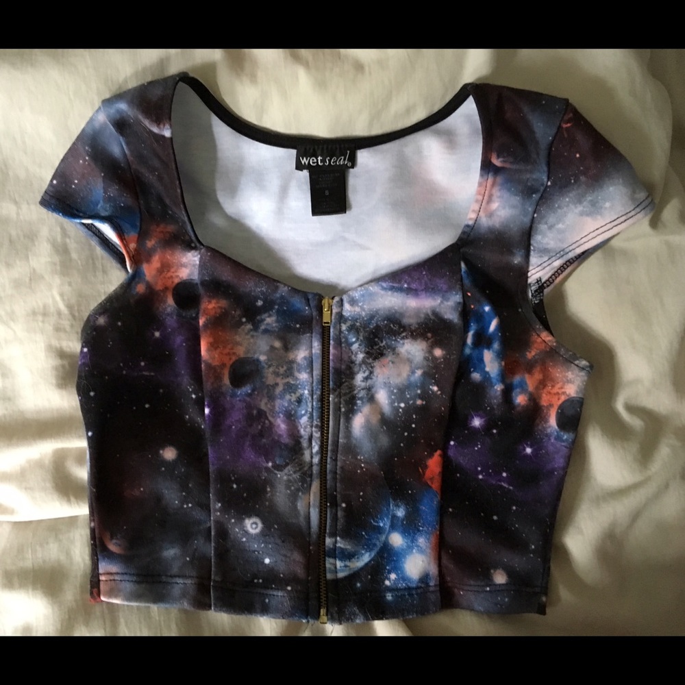 Graphic galaxy zip up crop top