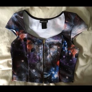 Graphic galaxy zip up crop top