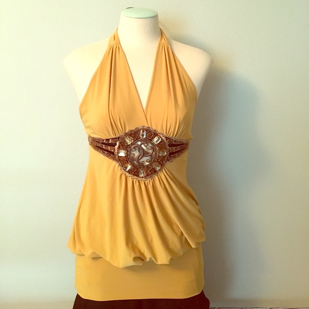 Gold beaded Halter top w/ metal peakaboo embellish