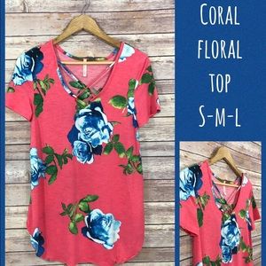 Coral floral print criss cross top