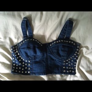 Studded denim bustier crop top