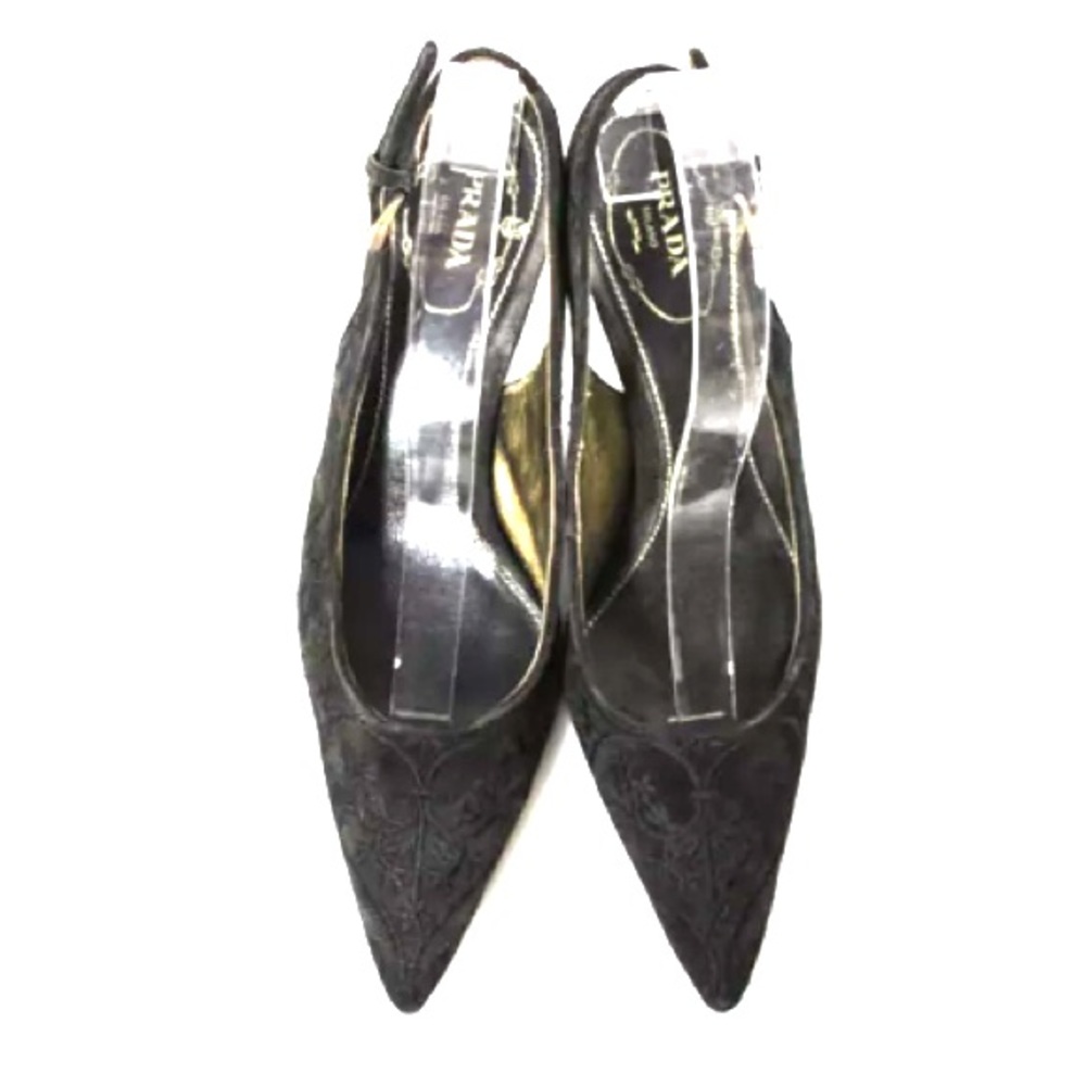 PRADA SATIN EMBROIDERED KITTEN HEELS SZ 35 5