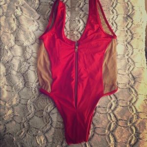 One Piece Swimsuit-- Front Zip- Red & Mesh- size M
