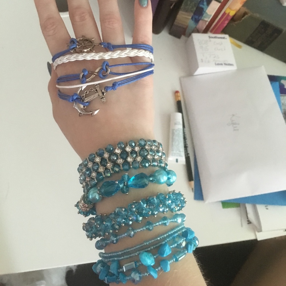 Blue and white bracelets! Sparkly!