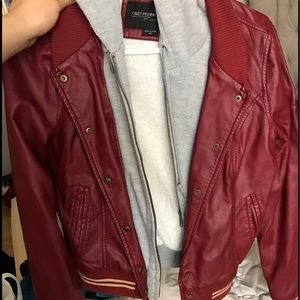 Obey red leather jacket with hoodie
