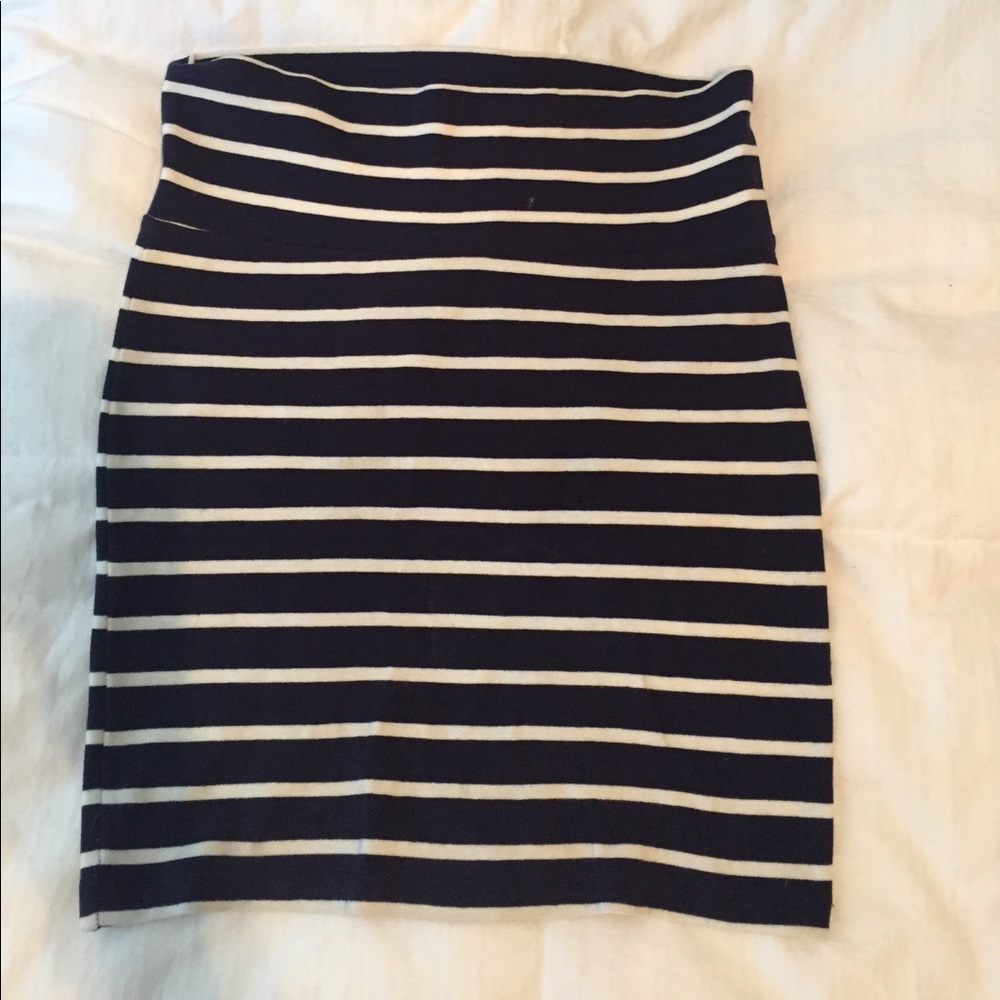 Navy blue and white striped high wasted skirt
