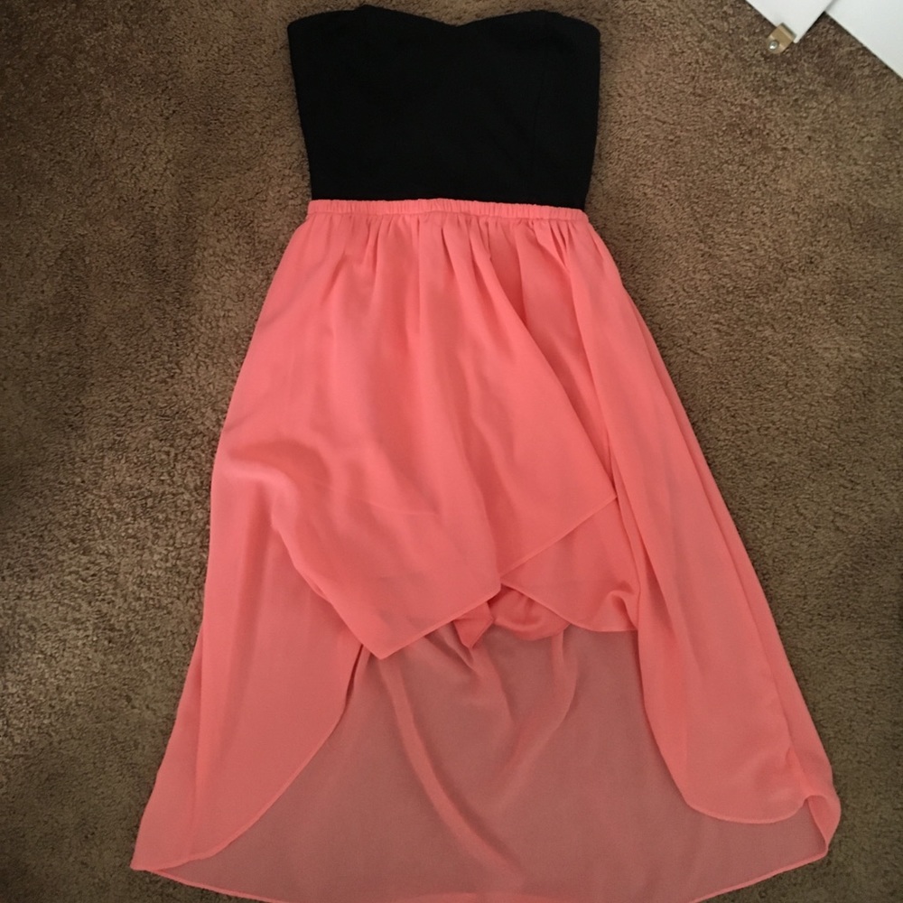 Black & pink strapless high low dress