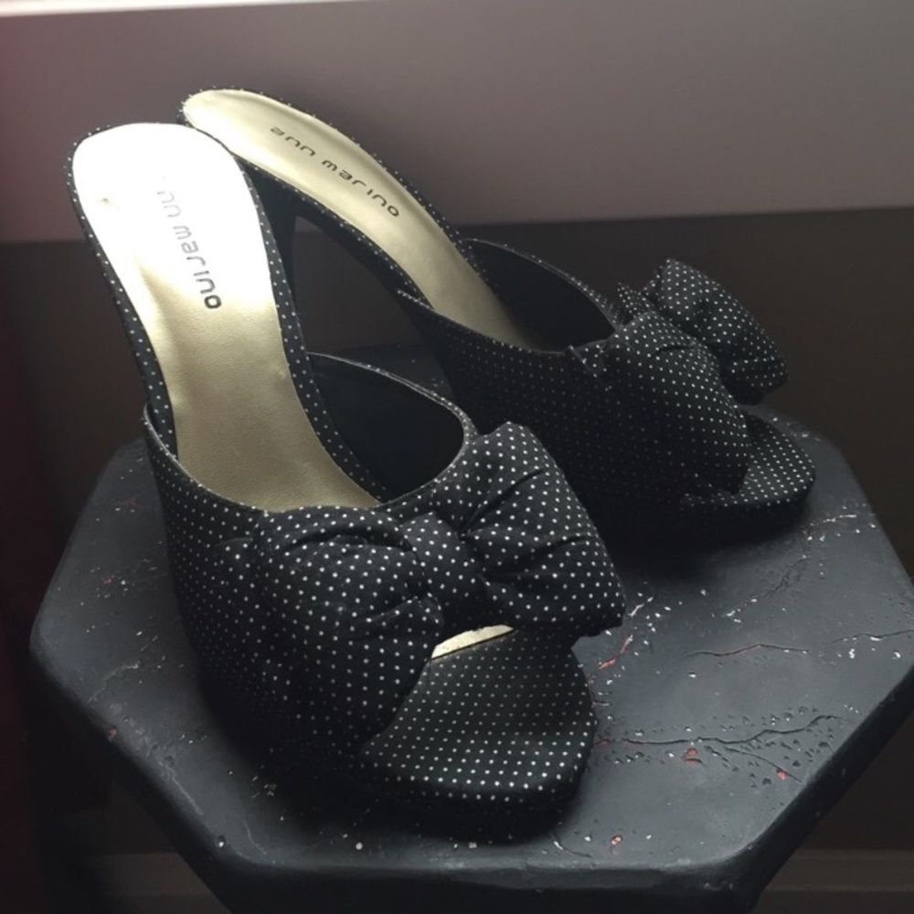 Black and white polka dot high heeled mules