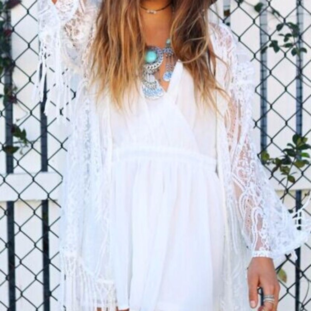 Sheer Boho White Cardigan Kimono Coverup Fringe - Picture 2 of 8