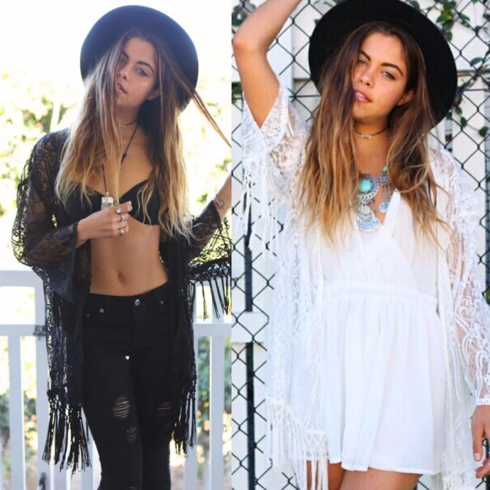 Sheer Boho White Cardigan Kimono Coverup Fringe - Picture 4 of 8