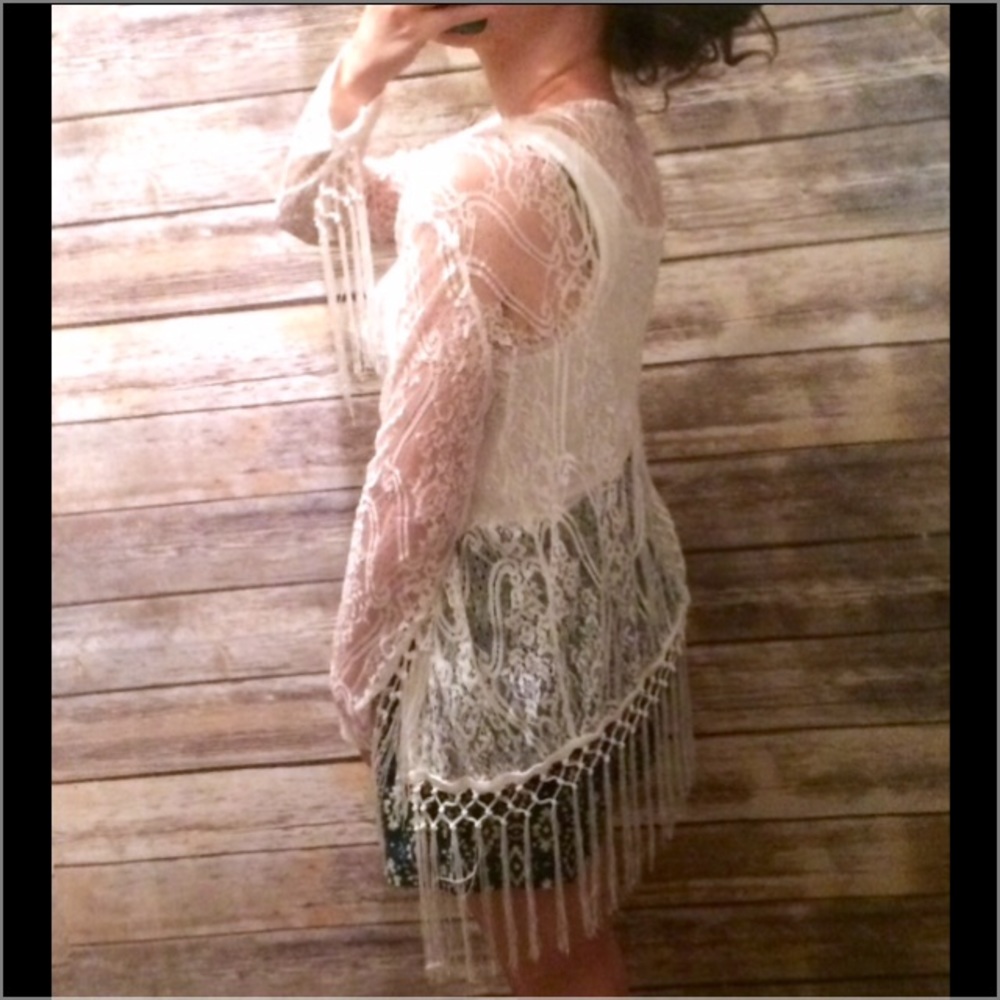 Sheer Boho White Cardigan Kimono Coverup Fringe - Picture 6 of 8