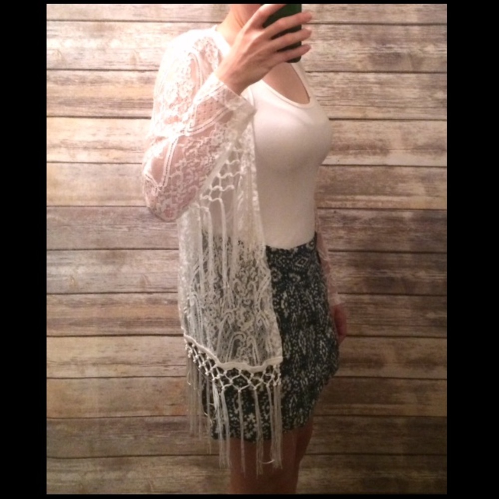 Sheer Boho White Cardigan Kimono Coverup Fringe - Picture 5 of 8