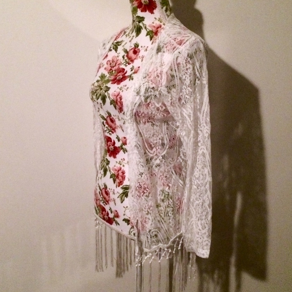 Sheer Boho White Cardigan Kimono Coverup Fringe - Picture 8 of 8