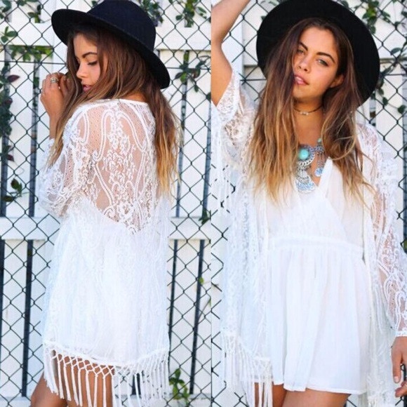 Boutique Sweaters - Sheer Boho White Cardigan Kimono Coverup Fringe