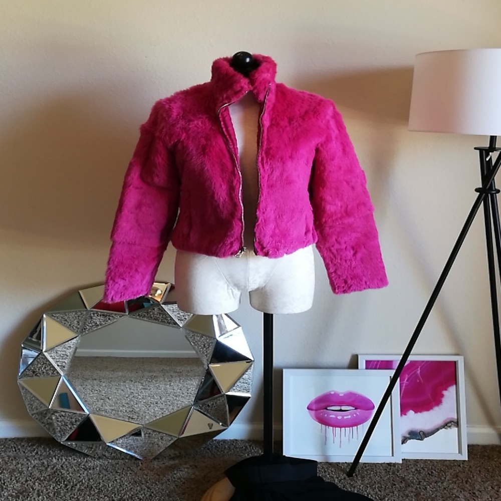 Hot pink rabbit fur jacket