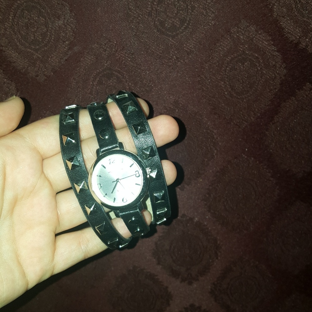 3 strap black studded watch