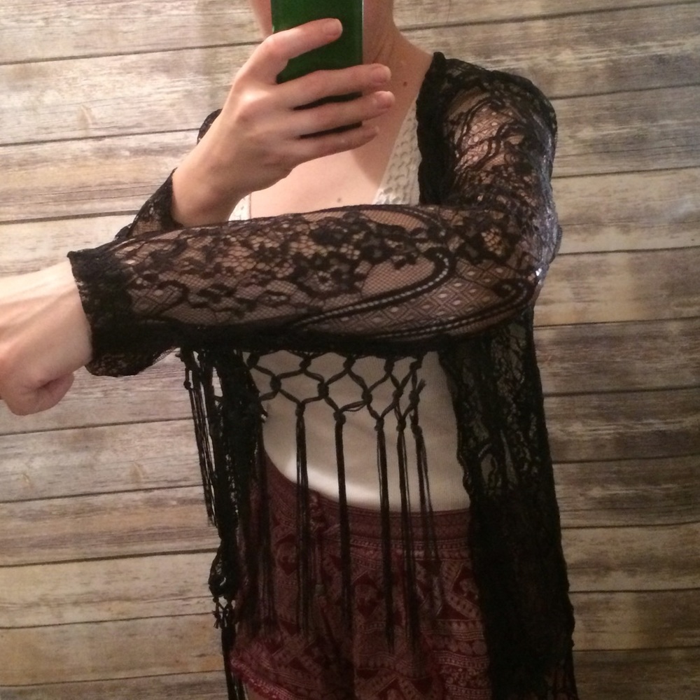 Black Sheer Floral Boho Cardigan Coverup Fringe - Picture 7 of 8
