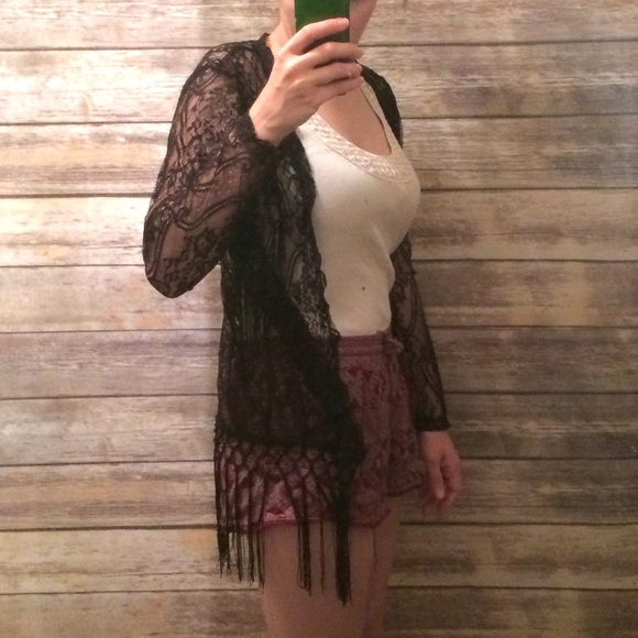 Black Sheer Floral Boho Cardigan Coverup Fringe - Picture 5 of 8