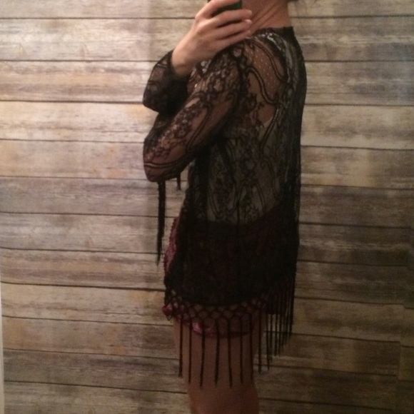 Black Sheer Floral Boho Cardigan Coverup Fringe - Picture 6 of 8